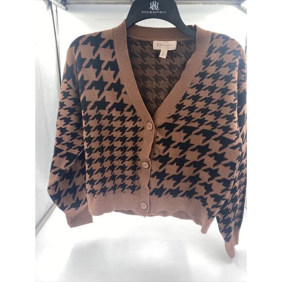 Philosophy Sweaters - Philosophy Women’s Cropped Sweater Sz L Houndstooth Long Sleeves Beige